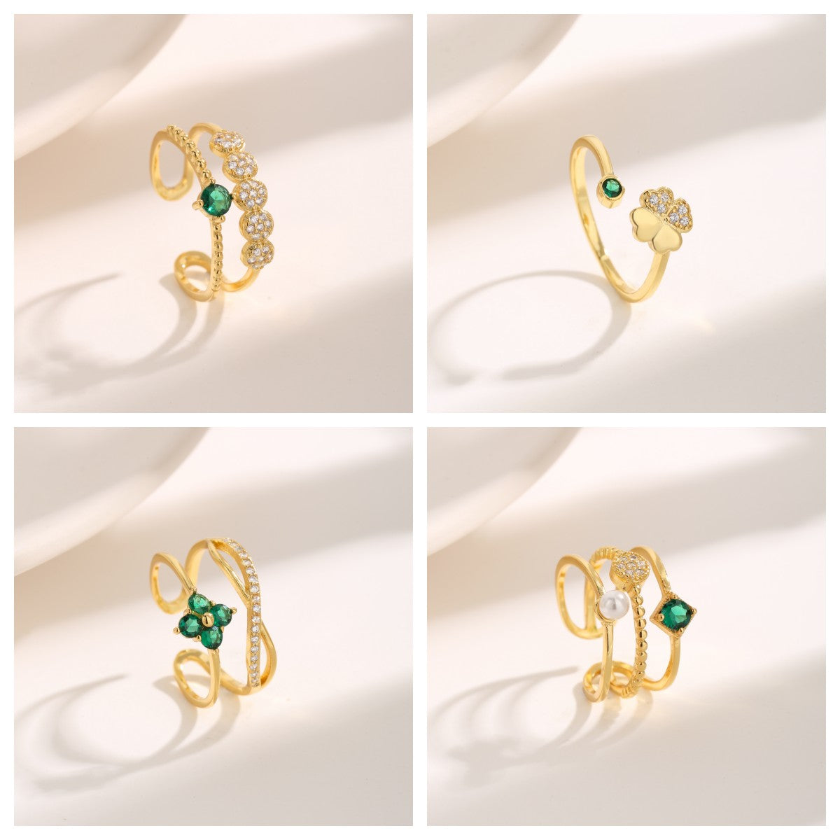 Vintage Luxurious Four Leaf Clover & Geometric Pearl Zircon Gold Plated Ring Set