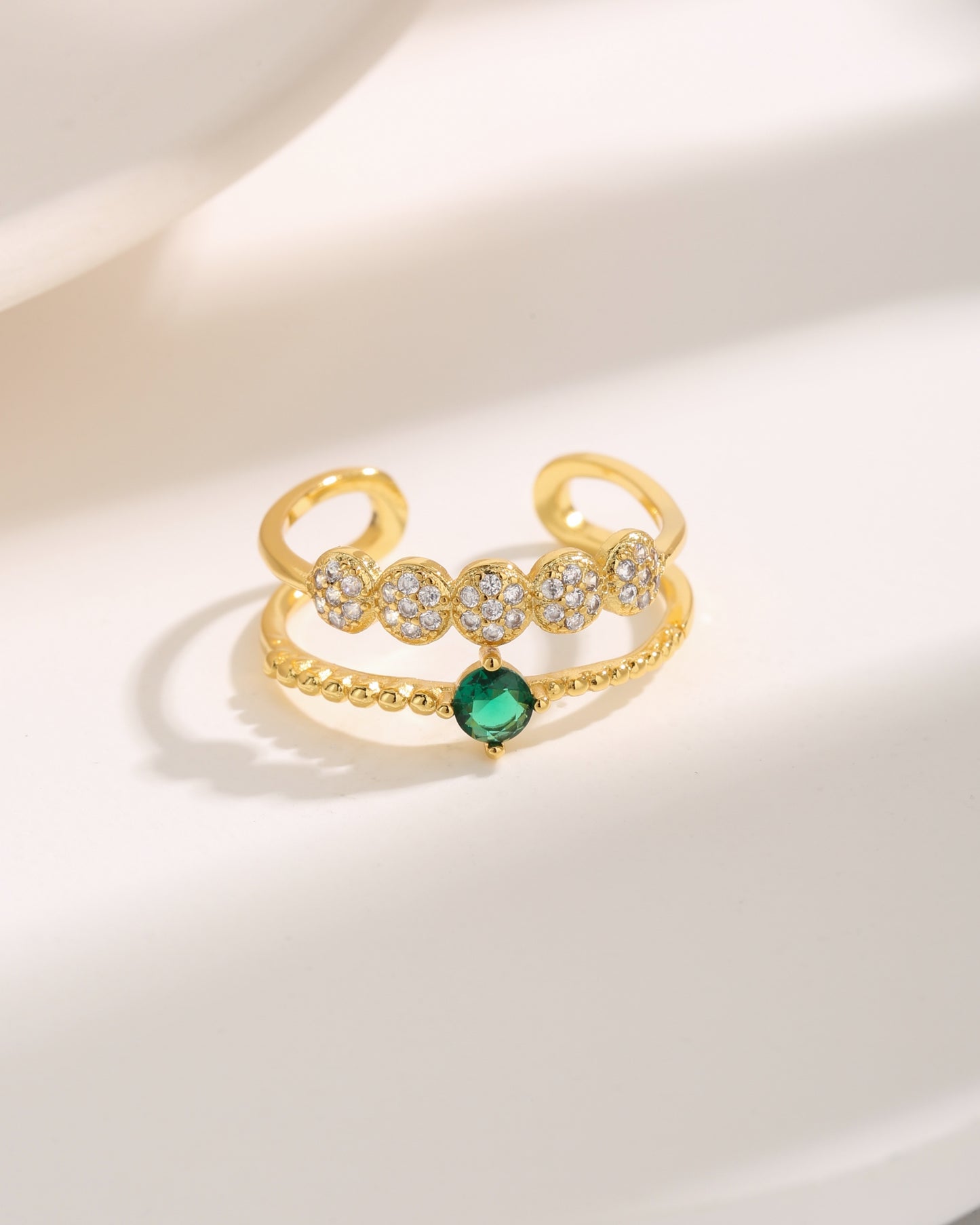 Vintage Luxurious Four Leaf Clover & Geometric Pearl Zircon Gold Plated Ring Set