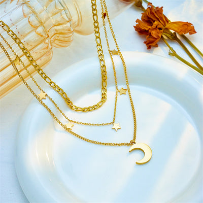Vintage Style Moon Titanium Steel Plating 18K Gold Plated Layered Necklaces