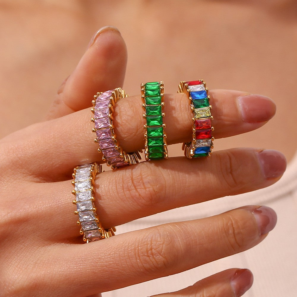 Vintage Color Block Zircon Inlay 18K Gold Plated Stainless Steel Jewelry Set