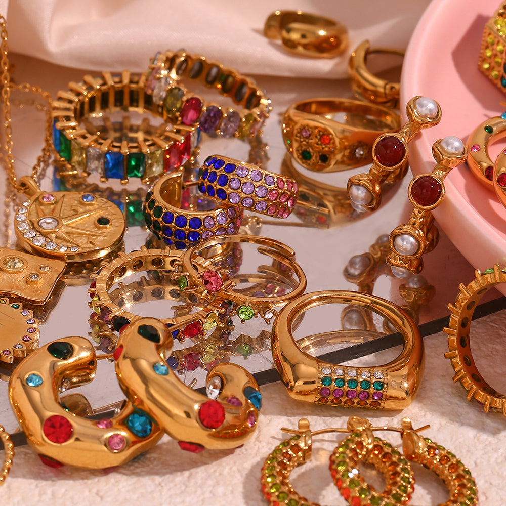 Vintage Color Block Zircon Inlay 18K Gold Plated Stainless Steel Jewelry Set