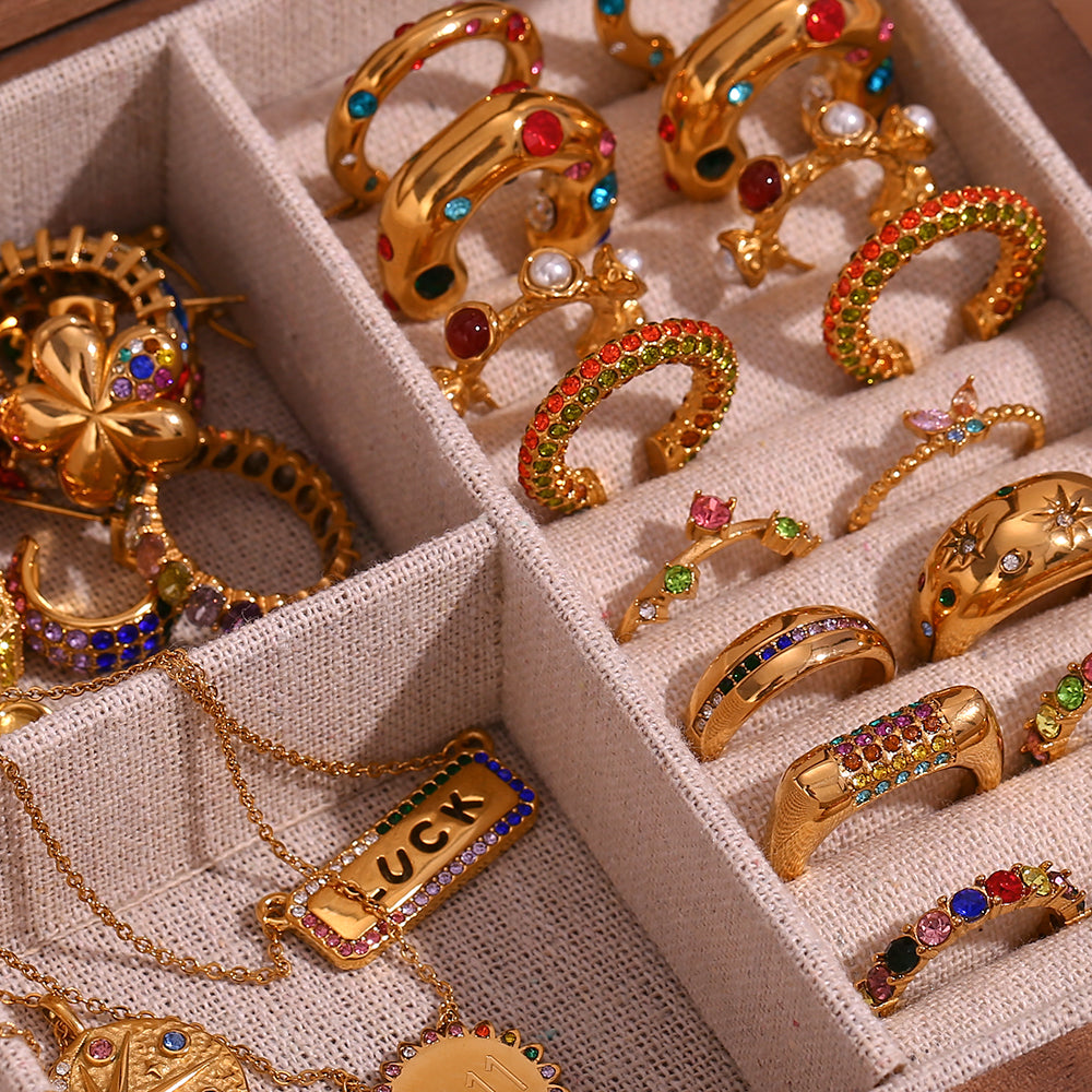Vintage Color Block Zircon Inlay 18K Gold Plated Stainless Steel Jewelry Set