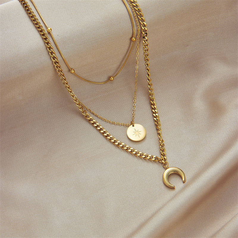 Vintage Style Star Moon Stainless Steel Layered Necklaces Gold Plated Stainless Steel Necklaces