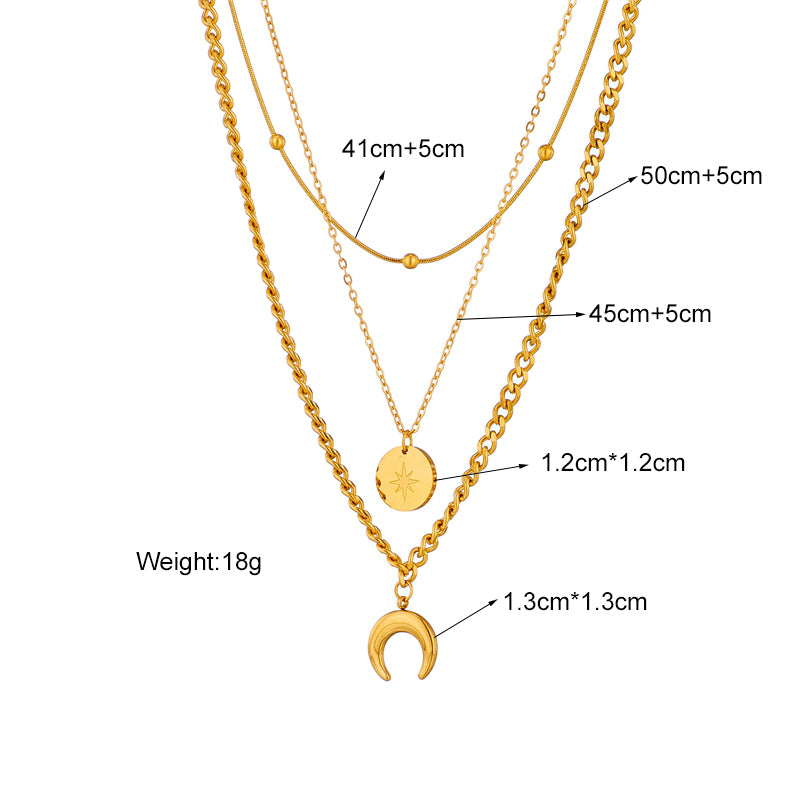 Vintage Style Star Moon Stainless Steel Layered Necklaces Gold Plated Stainless Steel Necklaces