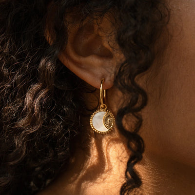 Vintage Sun Moon 14k Gold Plated Stainless Steel Earrings with Shell Inlay