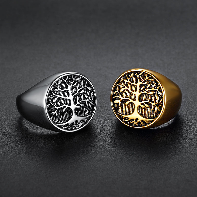 Vintage Hip Hop Life Tree Gold Plated Stainless Steel Men's Ring