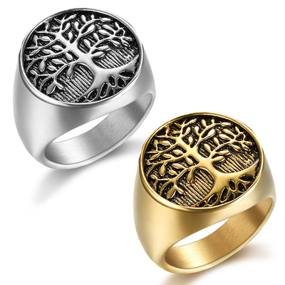 Vintage Hip Hop Life Tree Gold Plated Stainless Steel Men's Ring