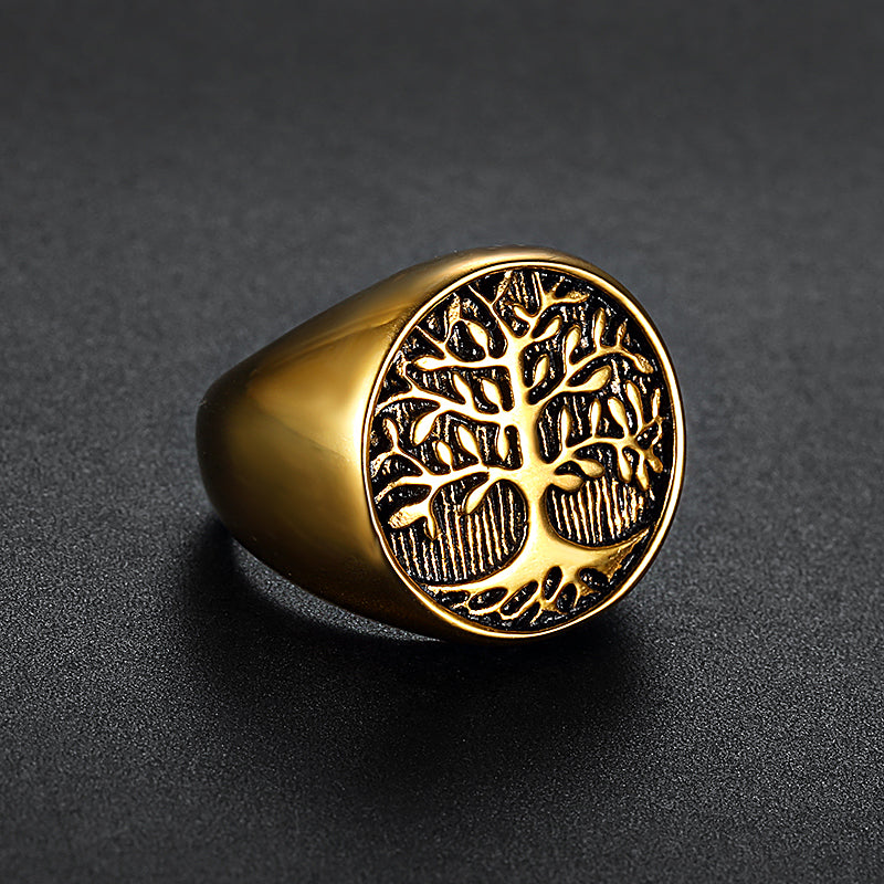 Vintage Hip Hop Life Tree Gold Plated Stainless Steel Men's Ring