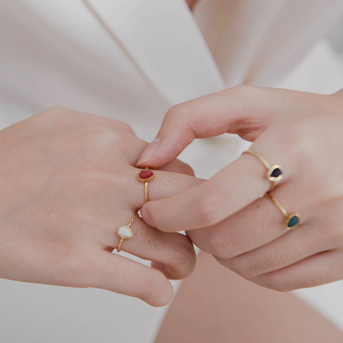 18k Water Drop Natural Stone Titanium Steel Open Rings - European and American Fashion Jewelry Accessories