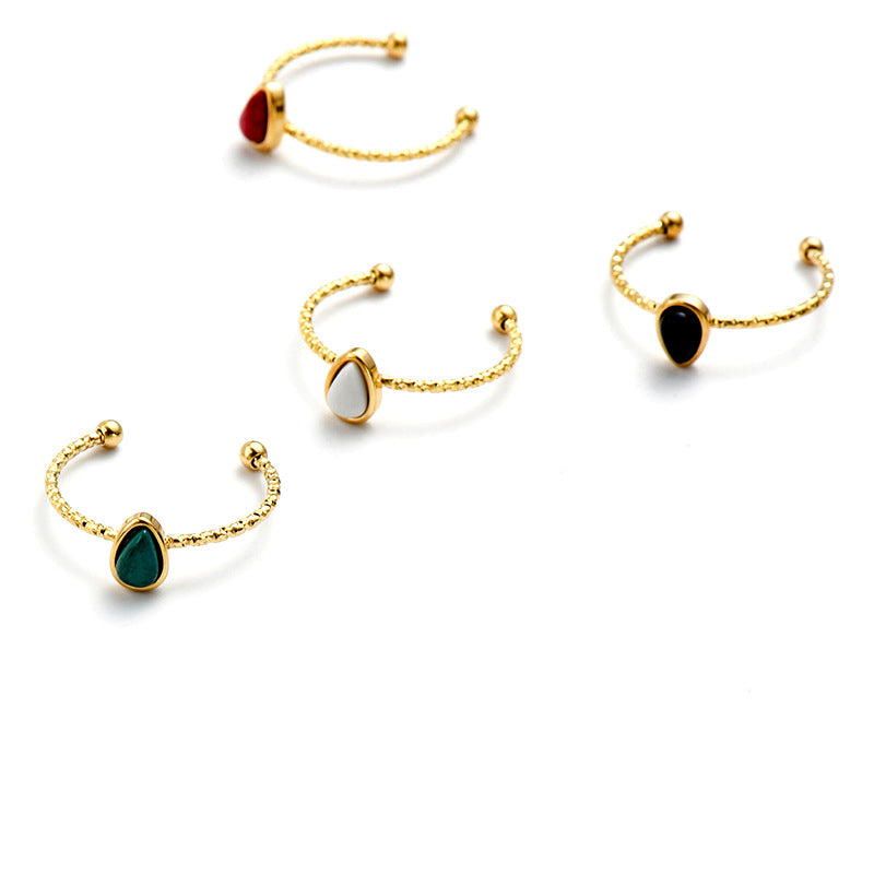 18k Water Drop Natural Stone Titanium Steel Open Rings - European and American Fashion Jewelry Accessories