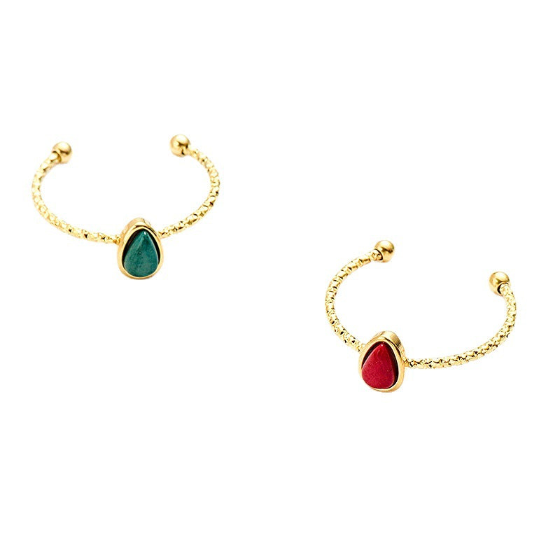18k Water Drop Natural Stone Titanium Steel Open Rings - European and American Fashion Jewelry Accessories