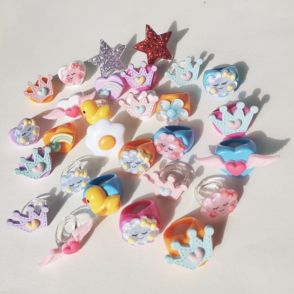 Cartoon Crown Star Wing Geometric Resin Ring for Women
