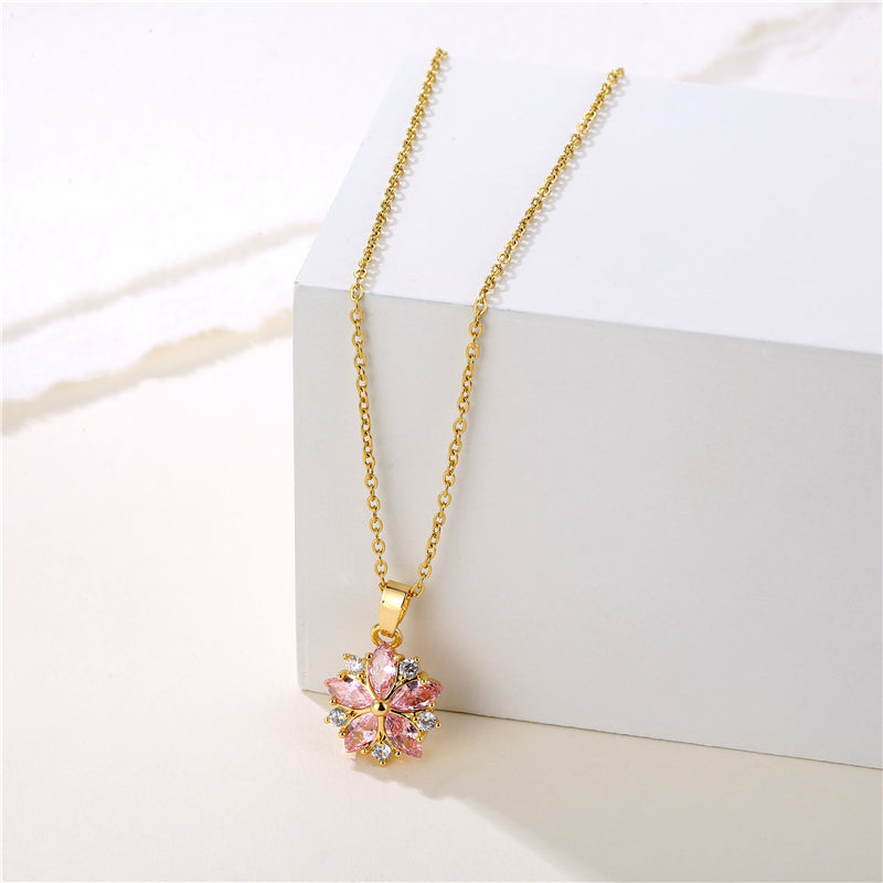 Wholesale 1 Piece Korean Style Flower Stainless Steel Titanium Steel 18K Gold Plated Gold Plated Zircon Pendant Necklace