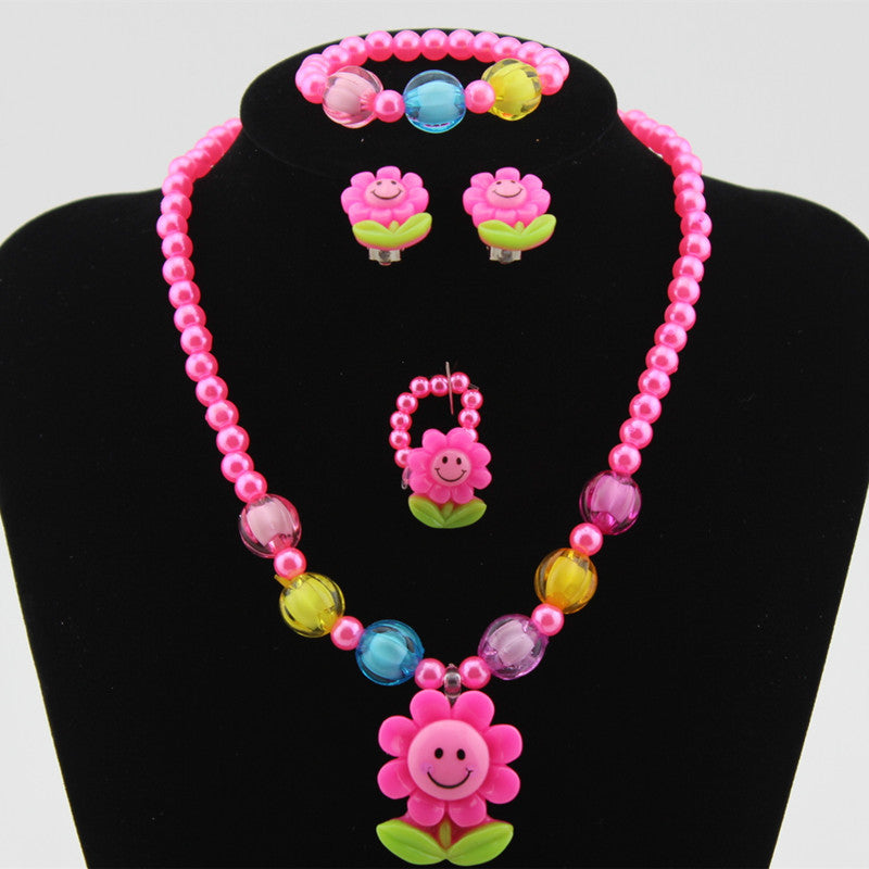 Children's Cartoon Sunflower Beaded Necklace Jewelry Set - 4 Piece