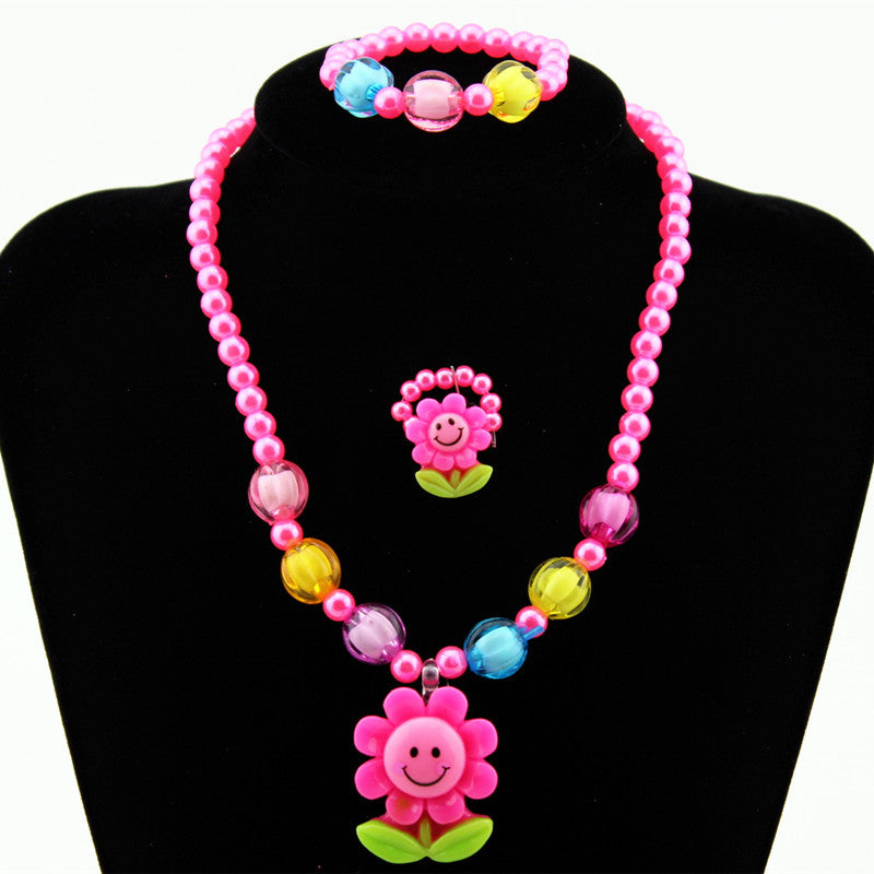 Children's Cartoon Sunflower Beaded Necklace Jewelry Set - 4 Piece