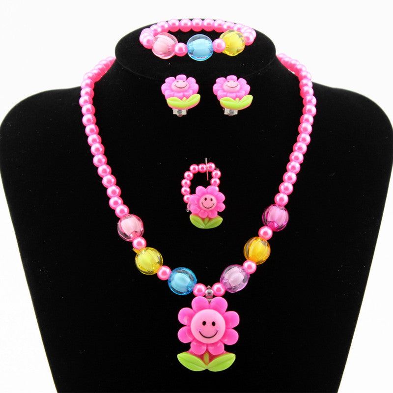 Children's Cartoon Sunflower Beaded Necklace Jewelry Set - 4 Piece