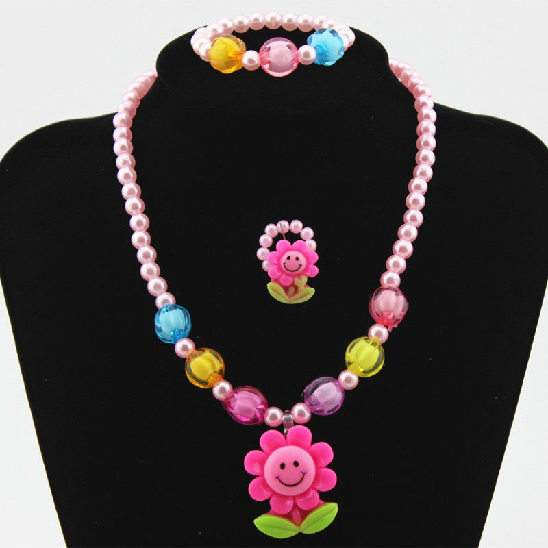 Children's Cartoon Sunflower Beaded Necklace Jewelry Set - 4 Piece