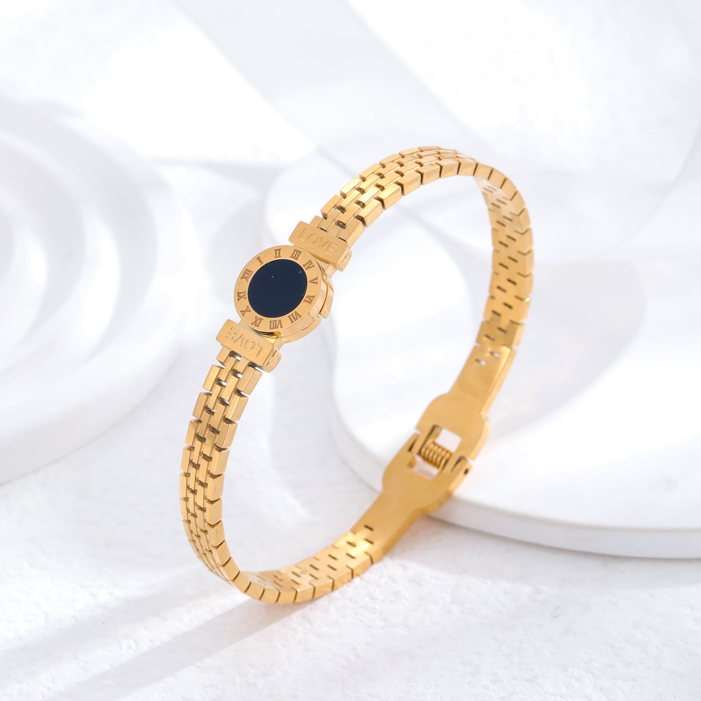 Classic Roman Numeral Gold Plated Titanium Steel Bangle with Rhinestones and White Shell Accent