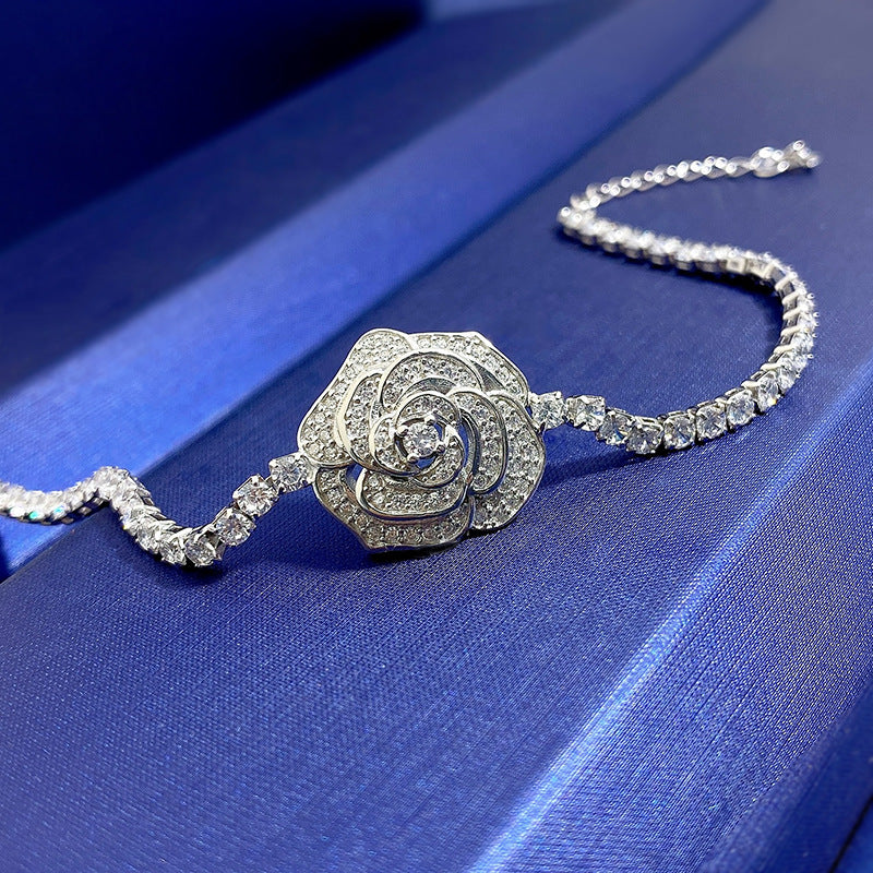 Elegant Rose Flower Sterling Silver Bracelet with High Carbon Diamond Inlay