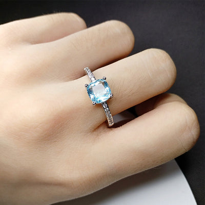 Glam Square Blue Gemstone White Gold Plated Copper Engagement Ring