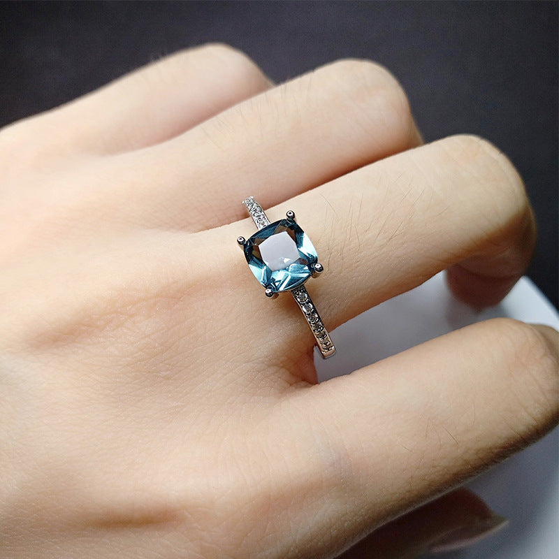 Glam Square Blue Gemstone White Gold Plated Copper Engagement Ring