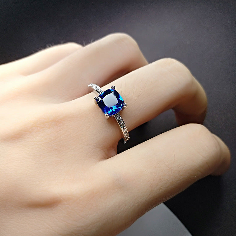 Glam Square Blue Gemstone White Gold Plated Copper Engagement Ring