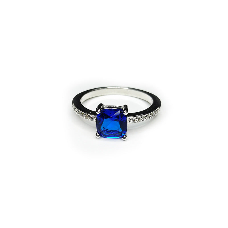 Glam Square Blue Gemstone White Gold Plated Copper Engagement Ring