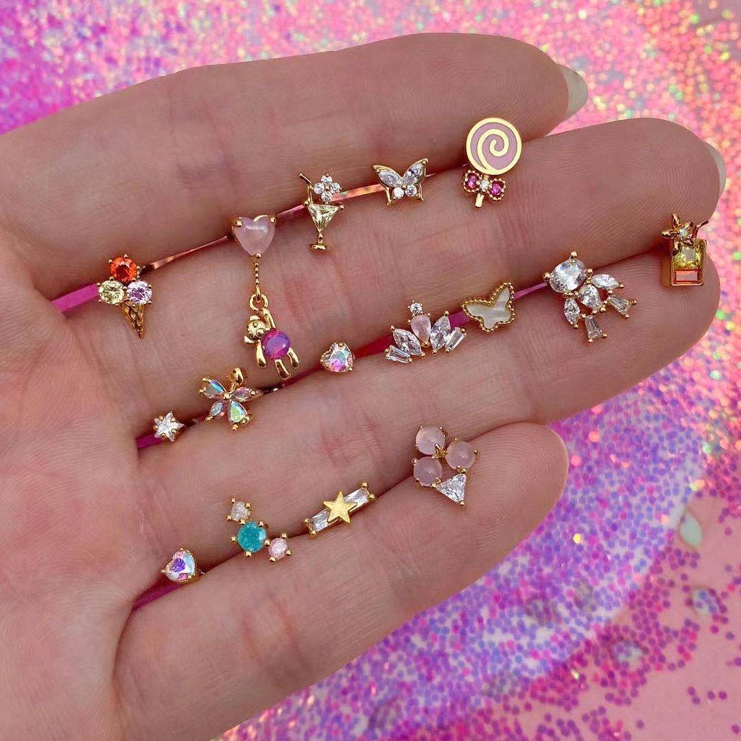 14K Gold Plated Zirconia Stud Earrings with 925 Sterling Silver Opal Helix Design