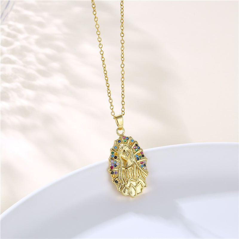 INS Style 18K Gold Plated Zircon Virgin Mary Pendant Necklace