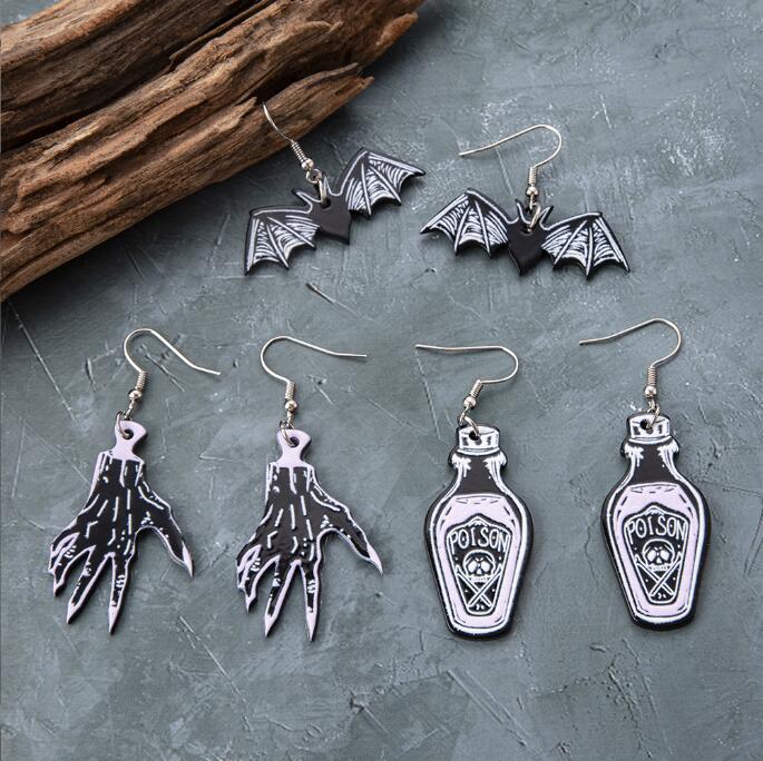 Acrylic Halloween Bat Skull Cat Resin Pendant Earrings Necklace Accessories