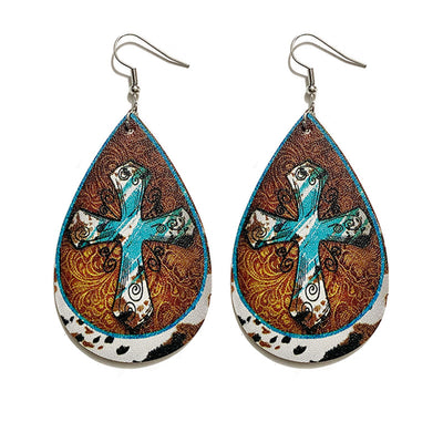 Retro Bohemian PU Leather Cross Water Drop Earrings