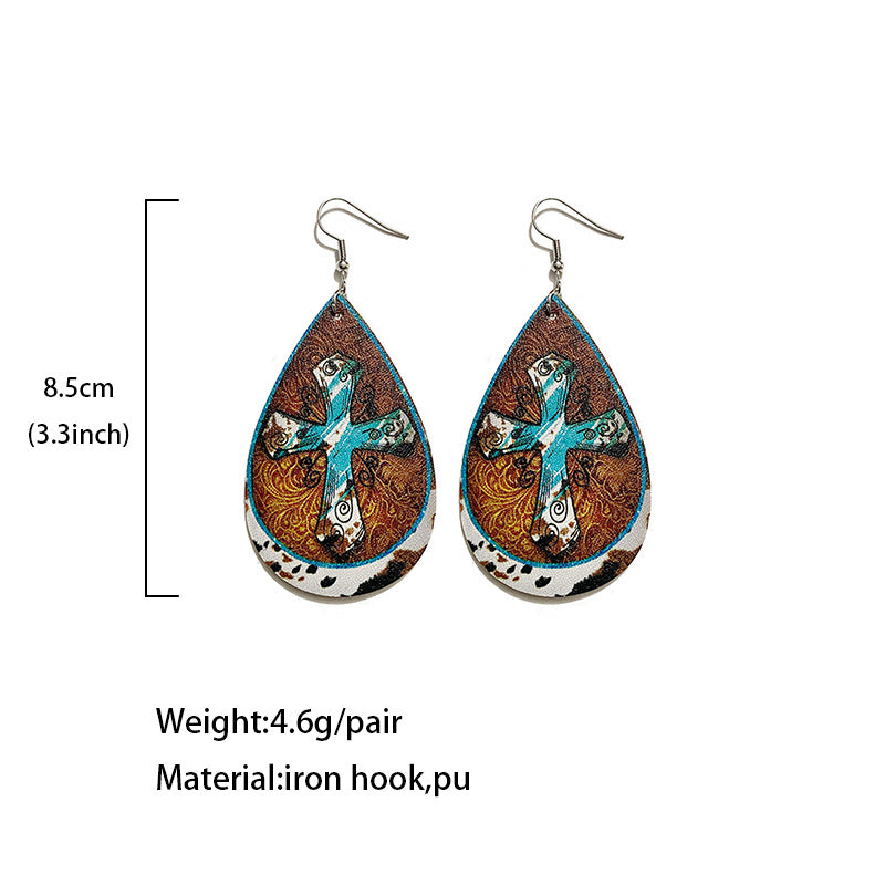 Retro Bohemian PU Leather Cross Water Drop Earrings