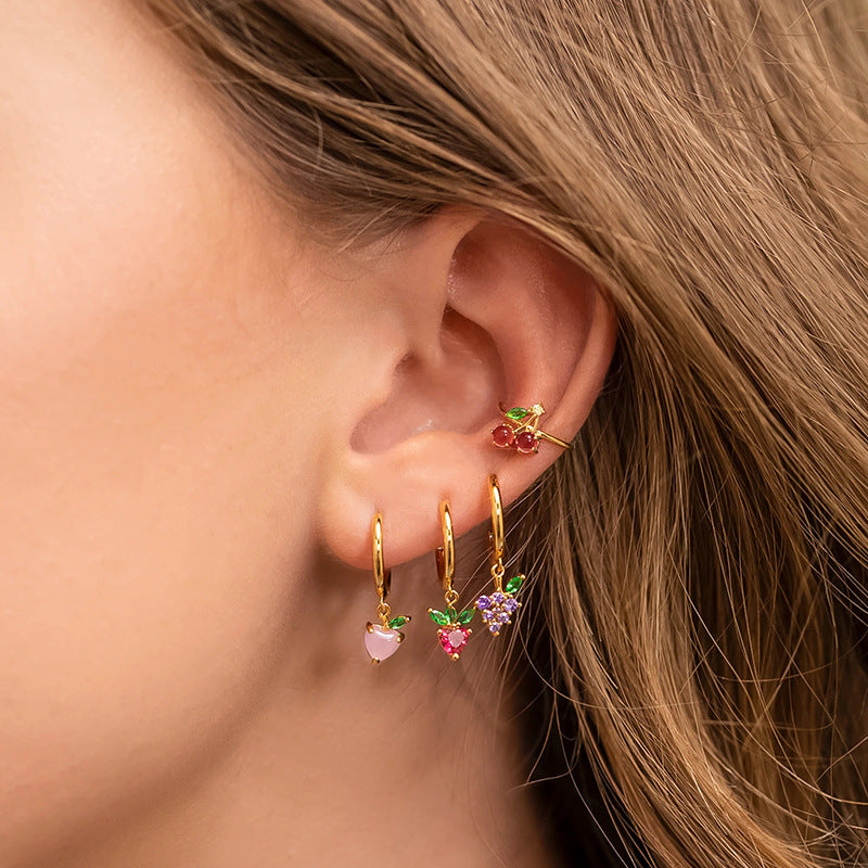Colorful Zircon Fruit Earrings - Grape, Cherry, Pineapple, Peach, and Strawberry Design
