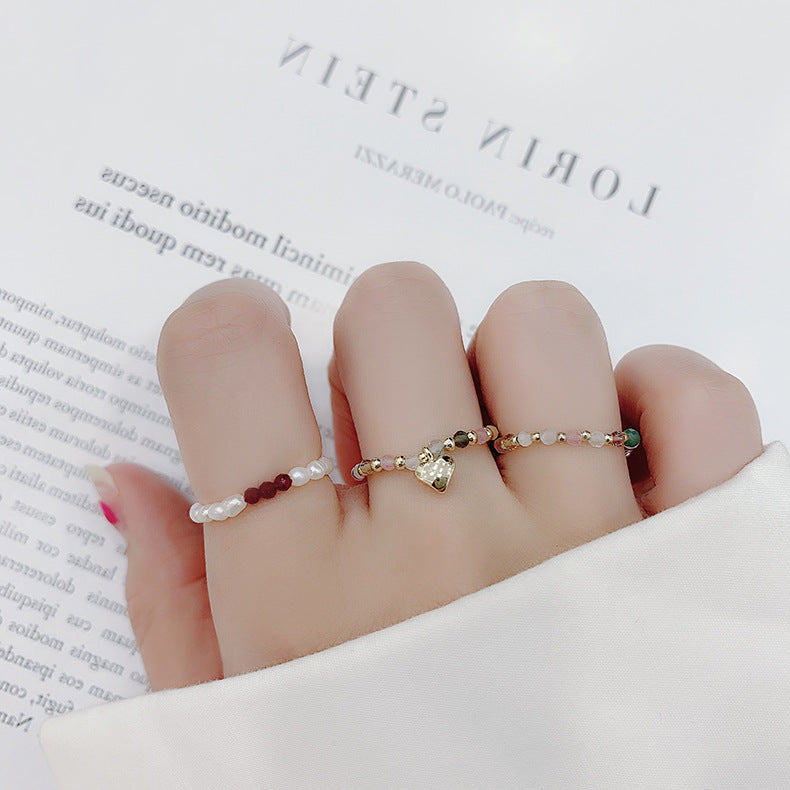 Korean Vintage Crystal Pearl Elastic Heart Ring for Spring Summer Layered Jewelry