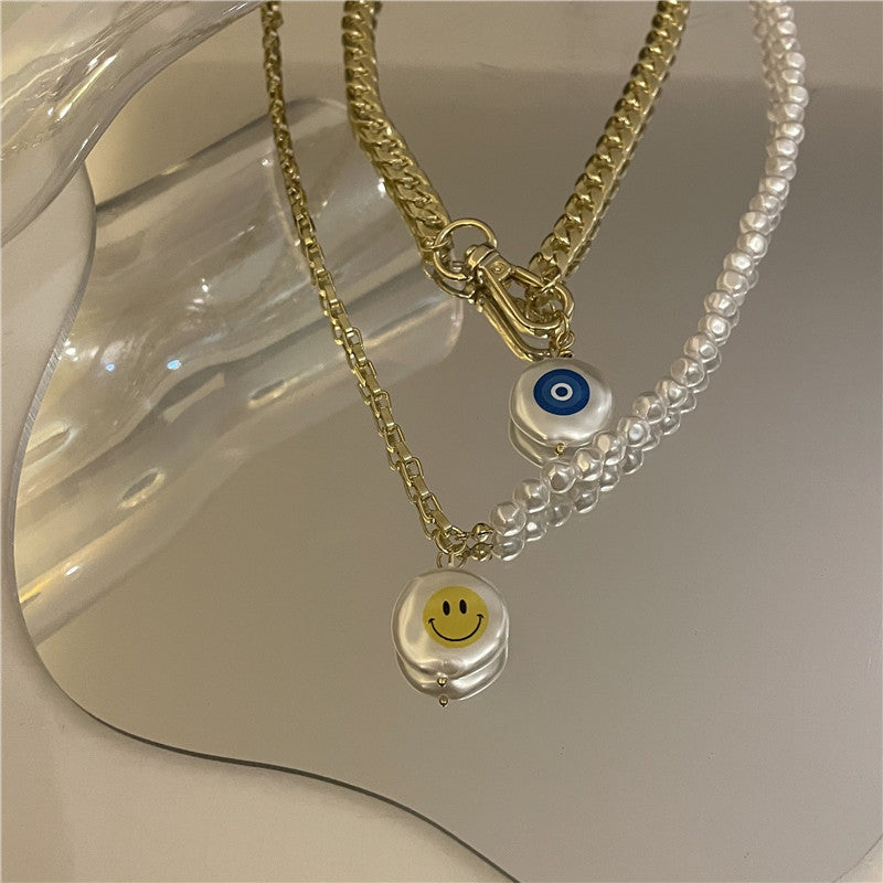 Devil's Eyes Smiley Face Pendant Pearl Chain Multi-layer Necklace