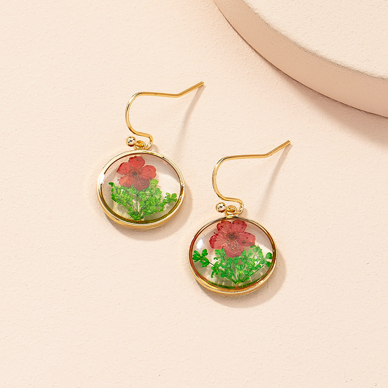 Vintage Dried Flower Round Drop Earrings for Women