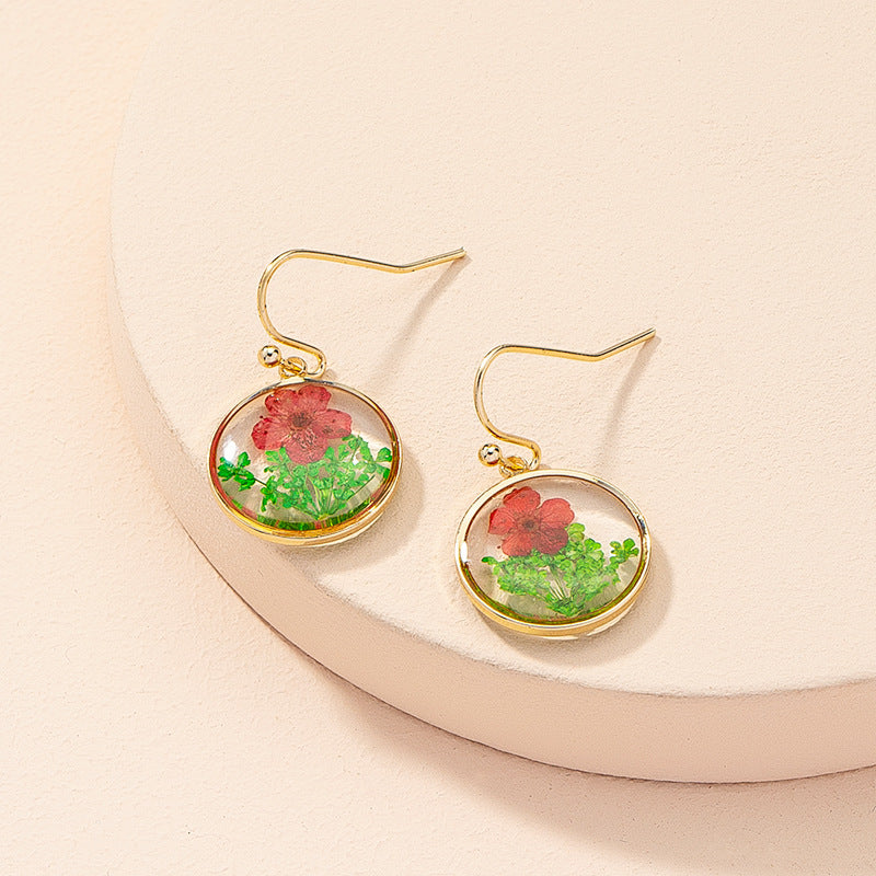 Vintage Dried Flower Round Drop Earrings for Women