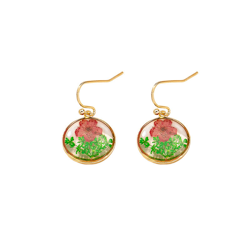 Vintage Dried Flower Round Drop Earrings for Women