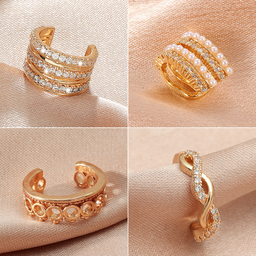 Wholesale Hollow C-Shaped Pearl Zircon Ear Clip - Copper Inlaid Creative Design