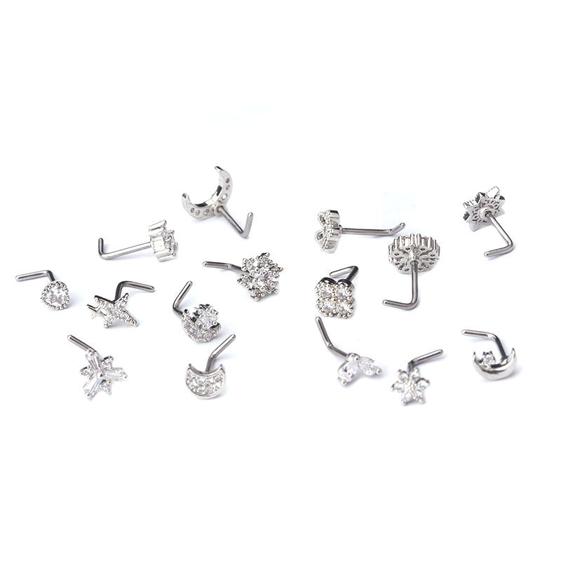 Moon Star Flower Shape Inlaid Zircon Stainless Steel Nose Ring