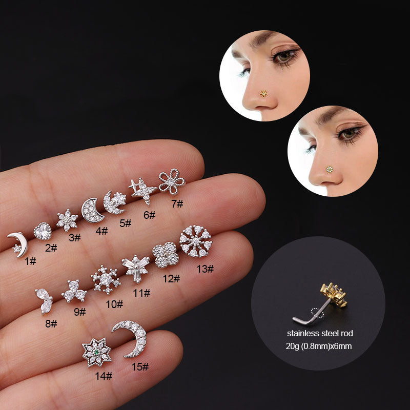 Moon Star Flower Shape Inlaid Zircon Stainless Steel Nose Ring