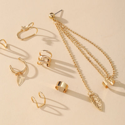 Geometric Leaf Metal Ear Clip Set - Gold Stainless Steel Jewelry Collection