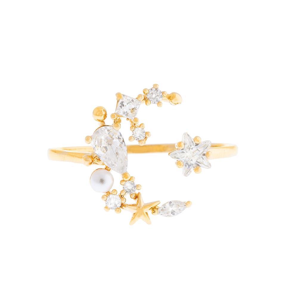 Star Moon Copper Plated Gold Zircon Ring