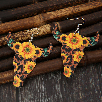 Retro Bull Head Sunflower Leather Earrings