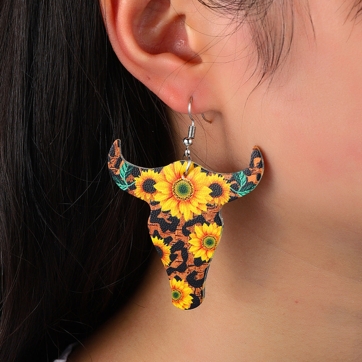 Retro Bull Head Sunflower Leather Earrings