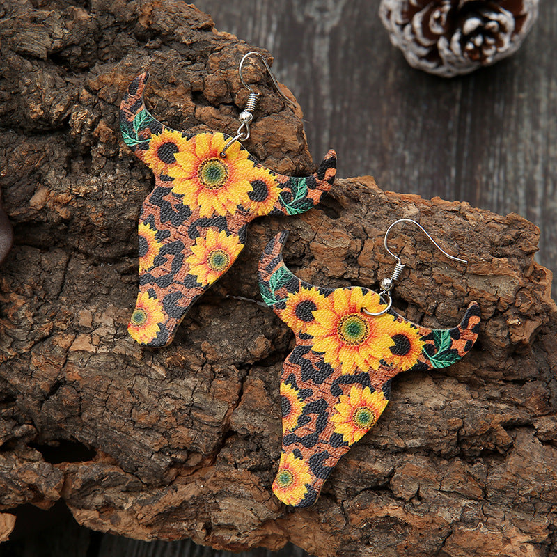Retro Bull Head Sunflower Leather Earrings