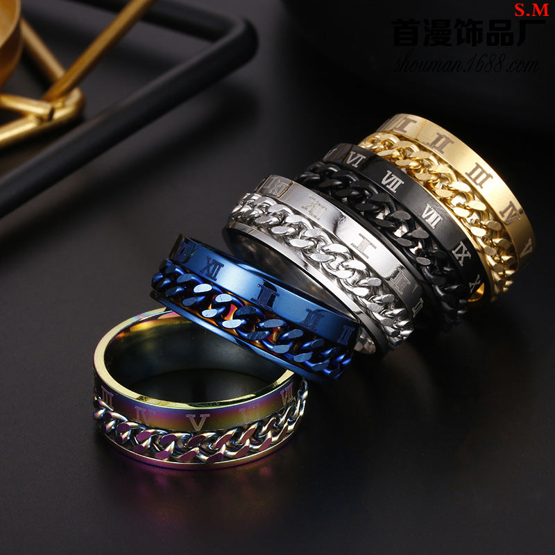 Wholesale Rotatable Roman Numerals Titanium Steel Chain Ring Set for Men