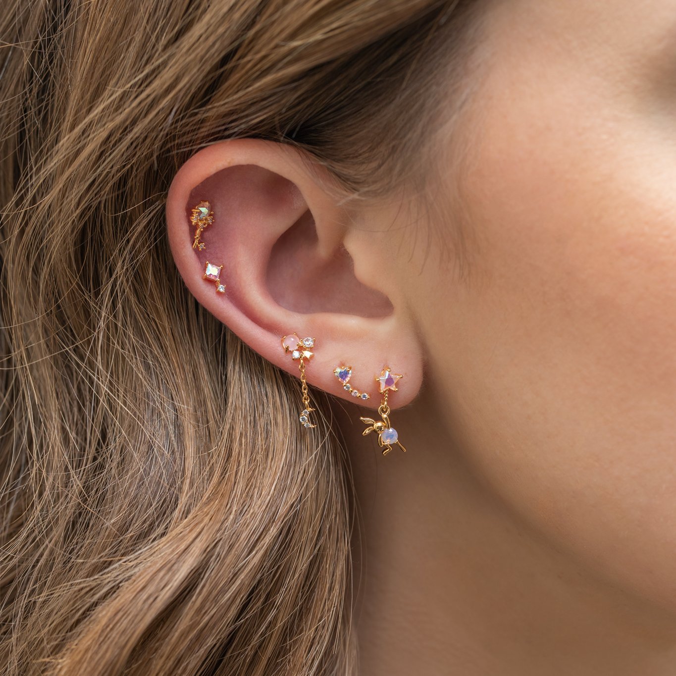 Wholesale 18K Gold Zircon Geometric Star Moonstone S925 Silver Earrings