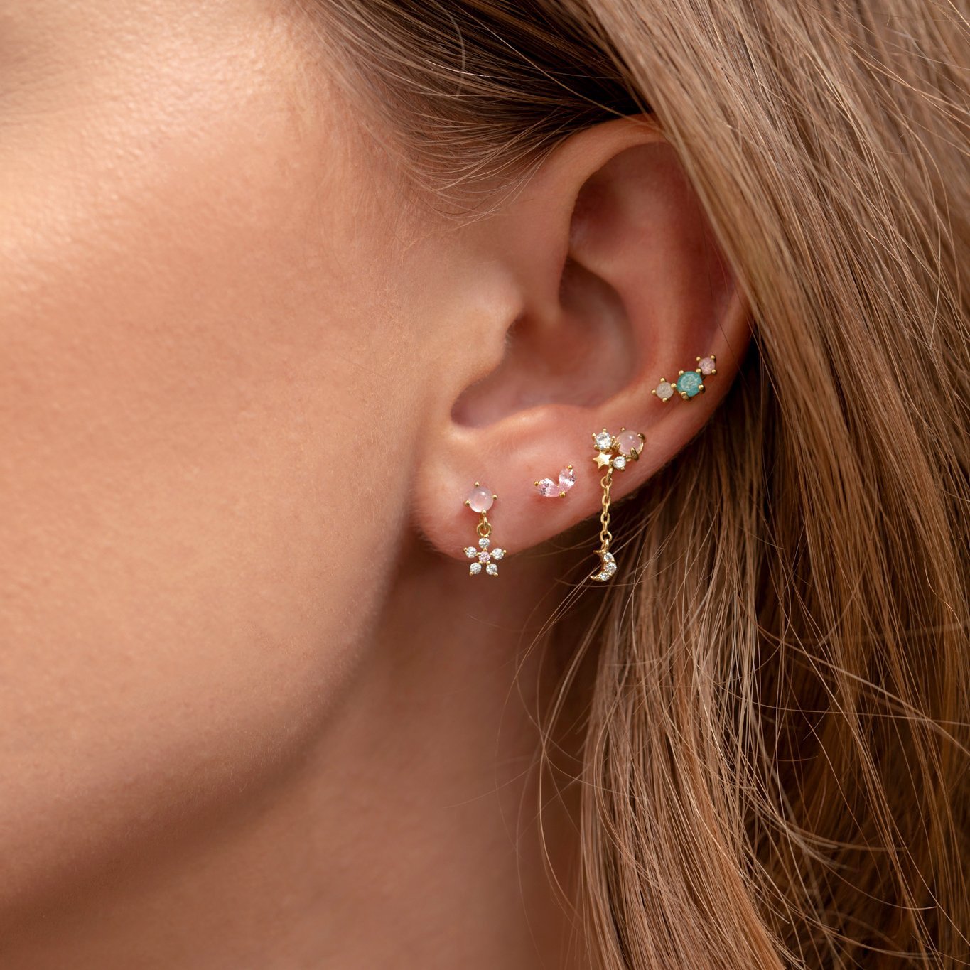 Wholesale 18K Gold Zircon Geometric Star Moonstone S925 Silver Earrings