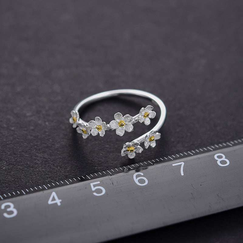 Sterling Silver Plated Open Ring with Forget-Me-Not Flower Design